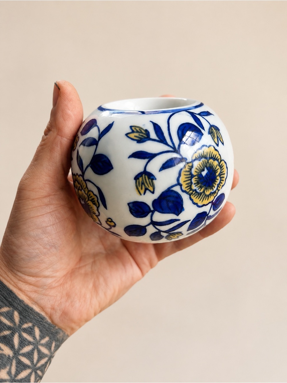 Blue White Yellow Floral Porcelain Vessel Chinoiserie Ceramic Decor 4 Inch